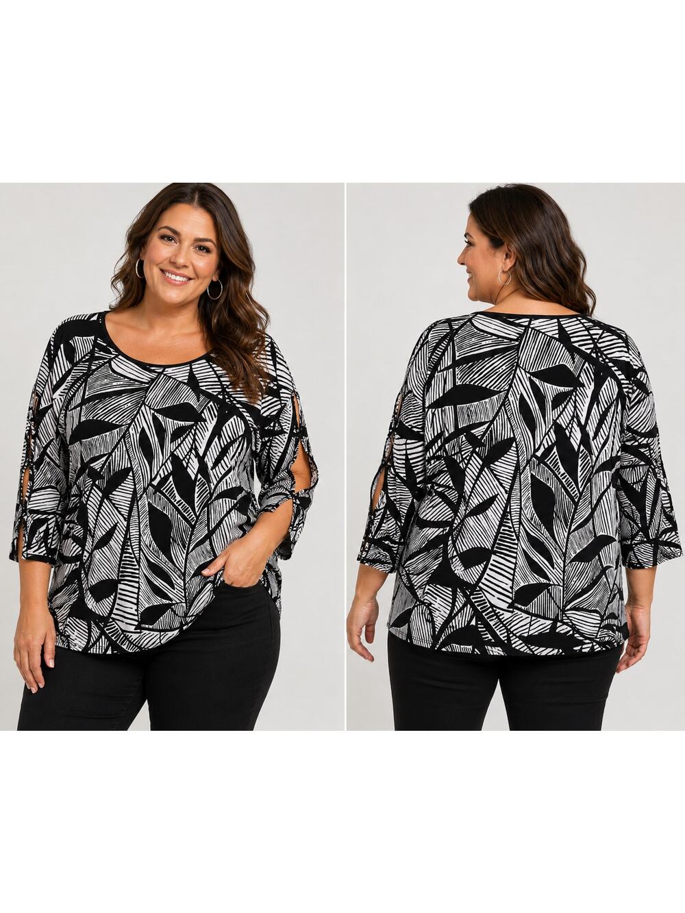 Allison Daley Plus 3X Black White Abstract Leaf Blouse EUC